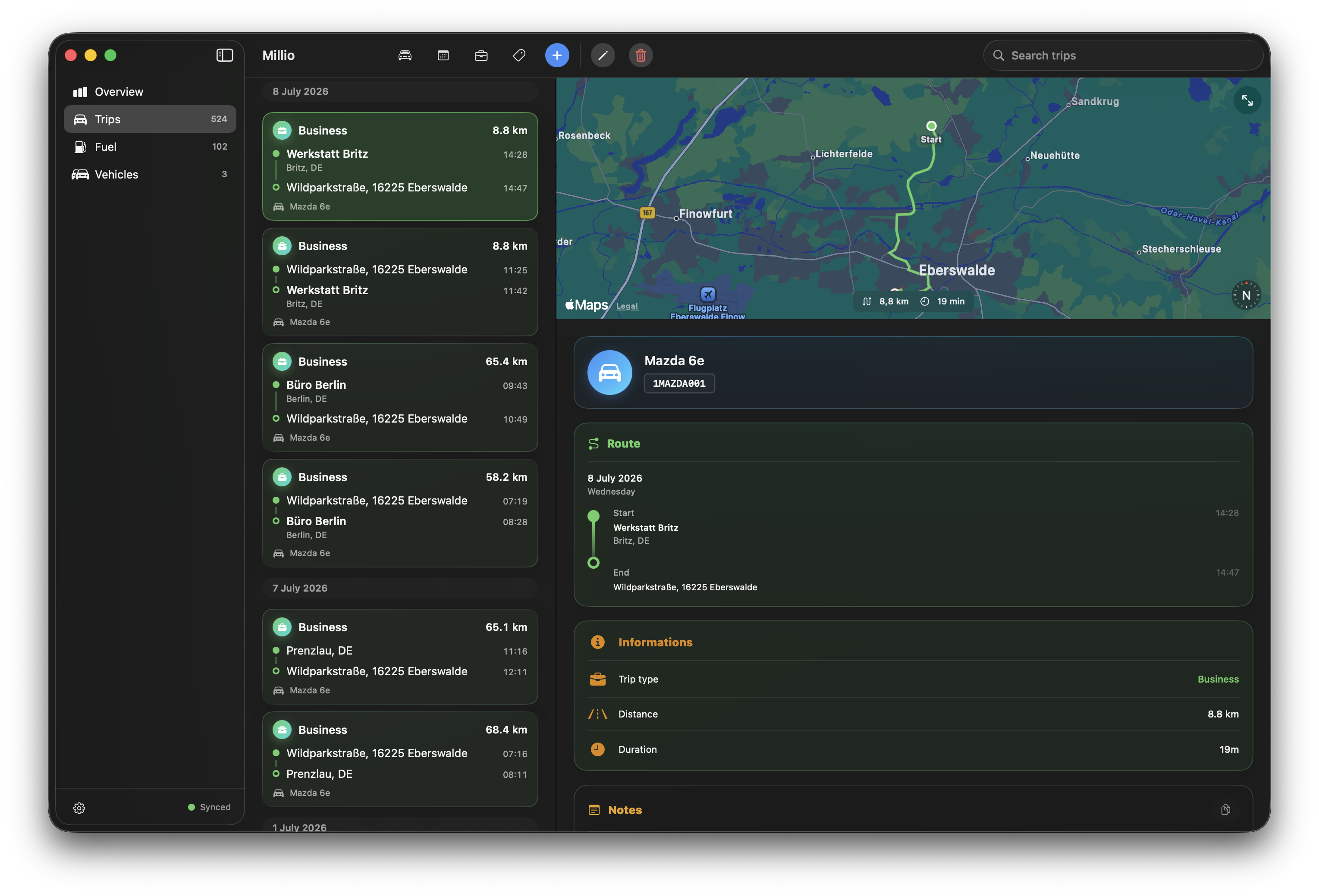 Millio for Mac trip detail with map